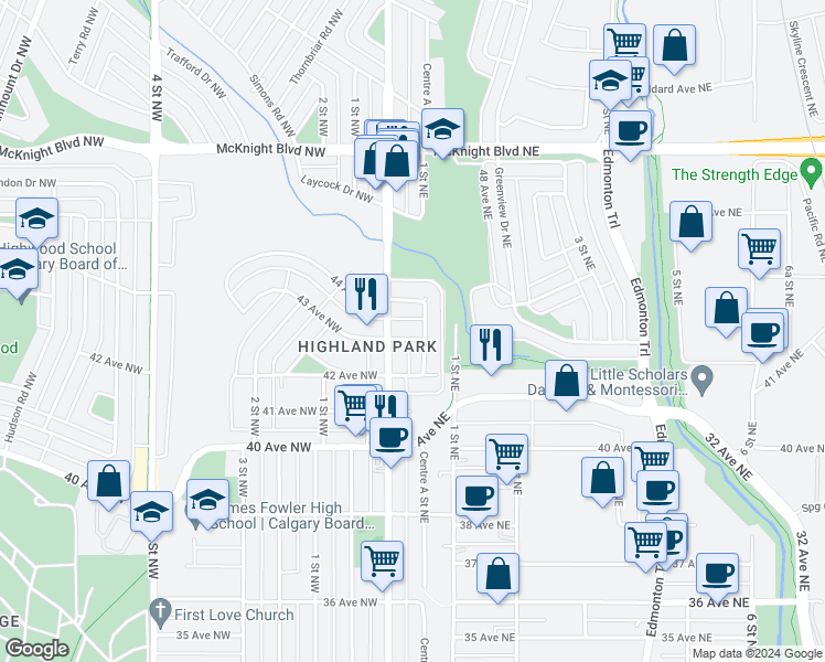 map of restaurants, bars, coffee shops, grocery stores, and more near 116 43 Avenue Northeast in Calgary