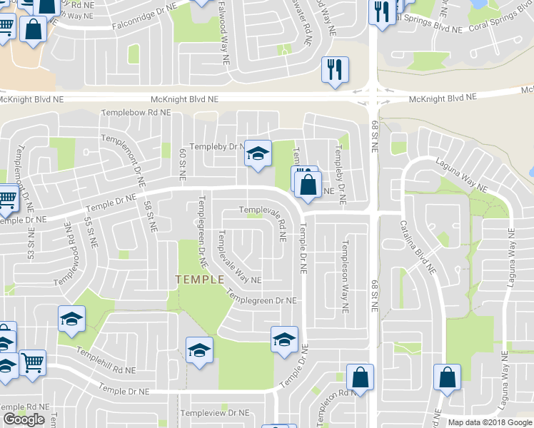 map of restaurants, bars, coffee shops, grocery stores, and more near 195 Templevale Road Northeast in Calgary