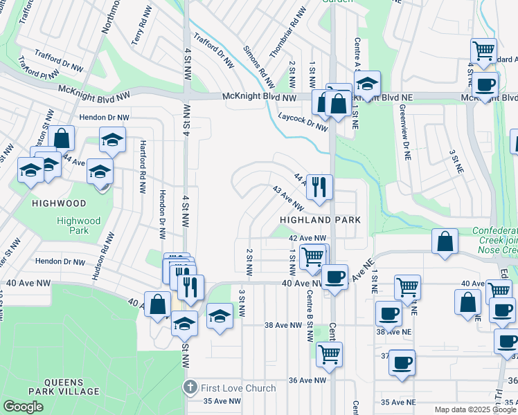 map of restaurants, bars, coffee shops, grocery stores, and more near 4337 2 Street Northwest in Calgary