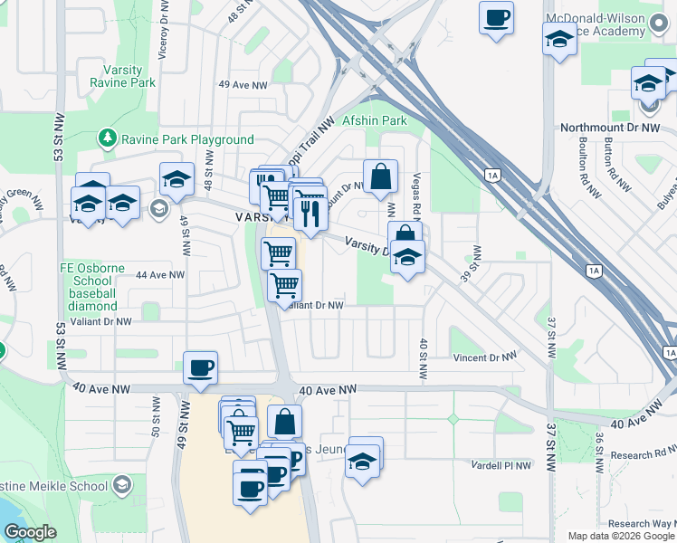 map of restaurants, bars, coffee shops, grocery stores, and more near 4515 Varsity Drive Northwest in Calgary