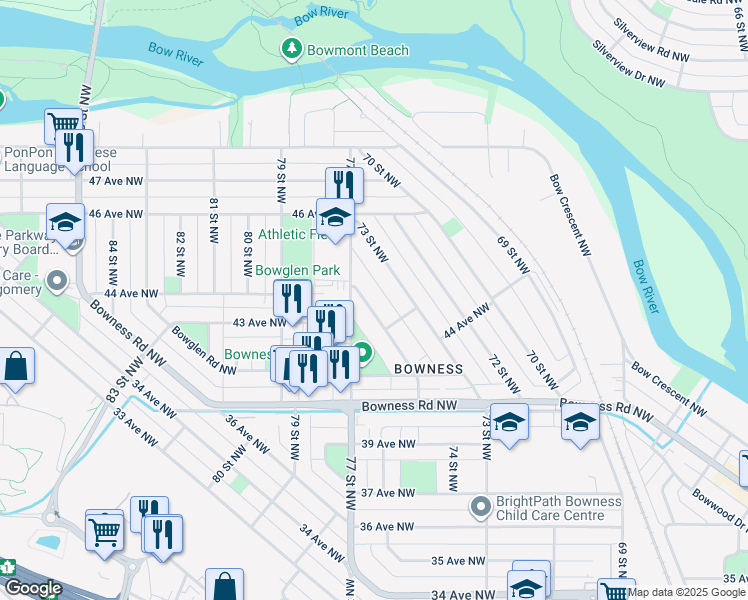 map of restaurants, bars, coffee shops, grocery stores, and more near 4524 75 Street Northwest in Calgary