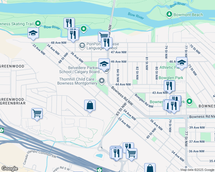 map of restaurants, bars, coffee shops, grocery stores, and more near Bowness Road in Calgary