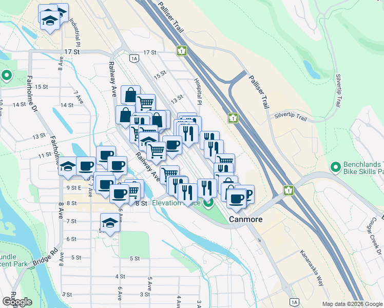 map of restaurants, bars, coffee shops, grocery stores, and more near 1302 Bow Valley Trail in Canmore