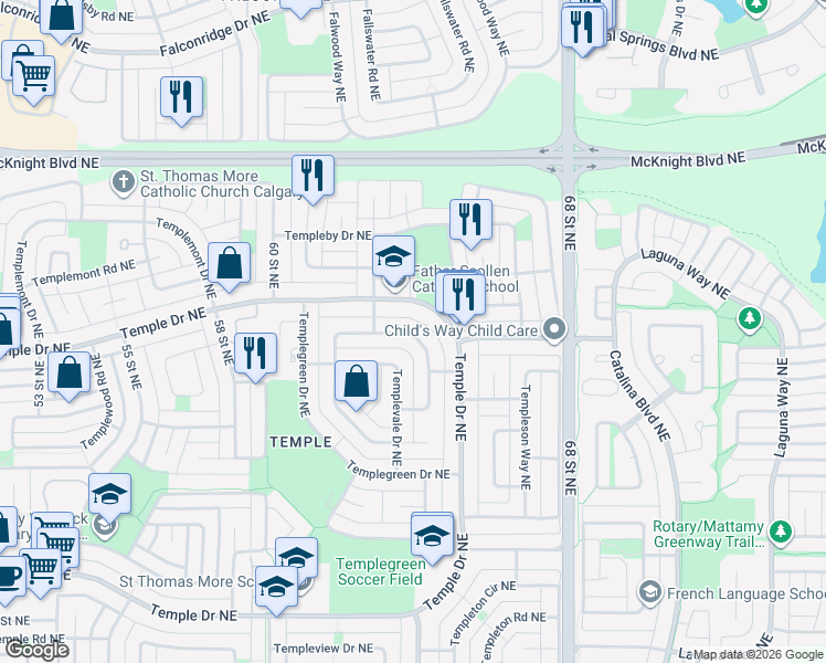 map of restaurants, bars, coffee shops, grocery stores, and more near 195 Templevale Road Northeast in Calgary