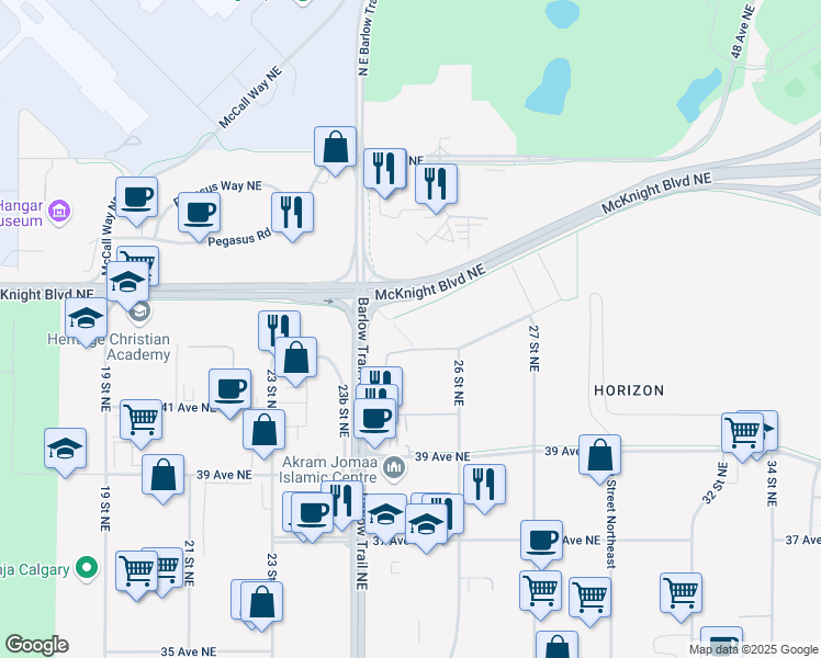 map of restaurants, bars, coffee shops, grocery stores, and more near 2618 Hopewell Place Northeast in Calgary