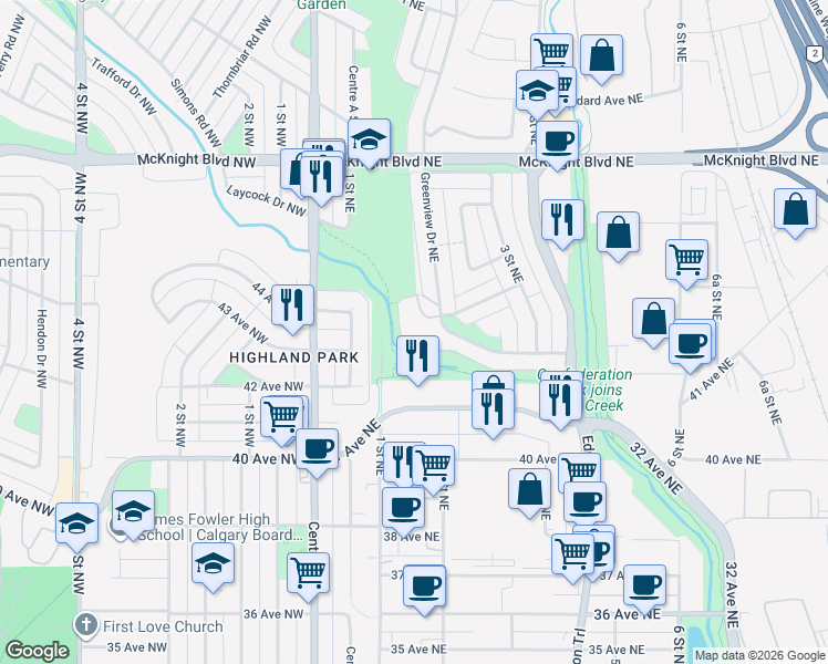 map of restaurants, bars, coffee shops, grocery stores, and more near 4455 Greenview Drive Northeast in Calgary
