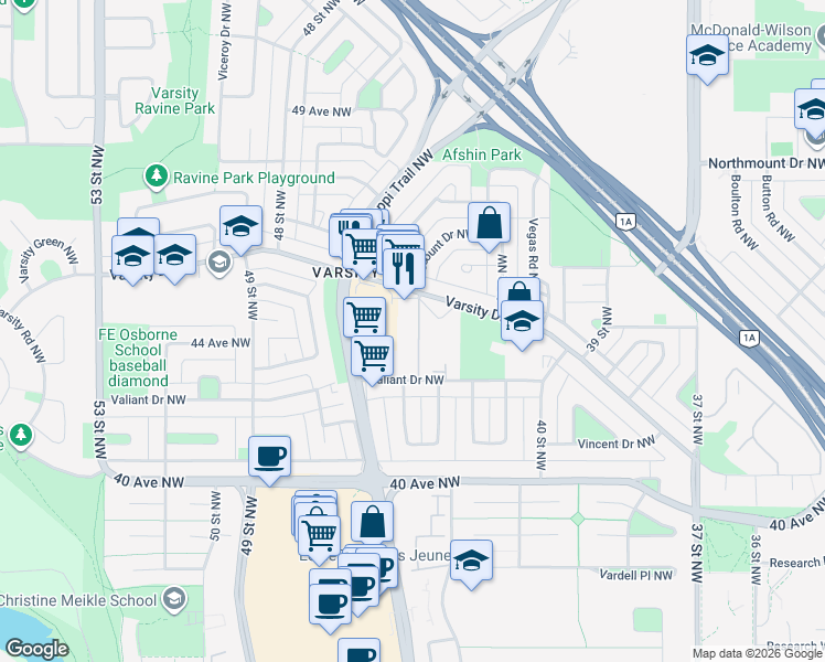 map of restaurants, bars, coffee shops, grocery stores, and more near 4555 Varsity Lane Northwest in Calgary
