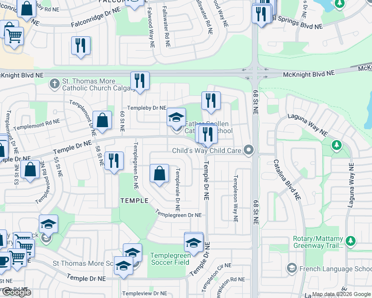 map of restaurants, bars, coffee shops, grocery stores, and more near 195 Templevale Road Northeast in Calgary