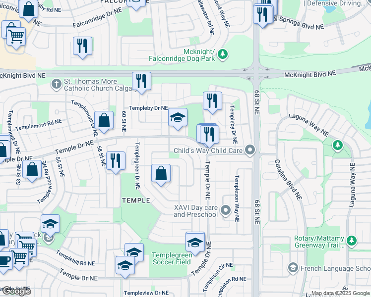 map of restaurants, bars, coffee shops, grocery stores, and more near 194 Templevale Road Northeast in Calgary