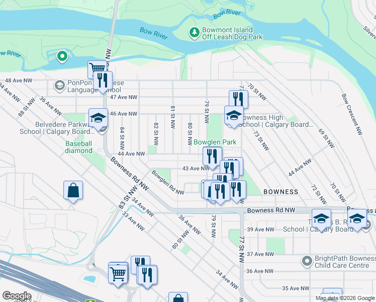 map of restaurants, bars, coffee shops, grocery stores, and more near 8124 43 Avenue Northwest in Calgary