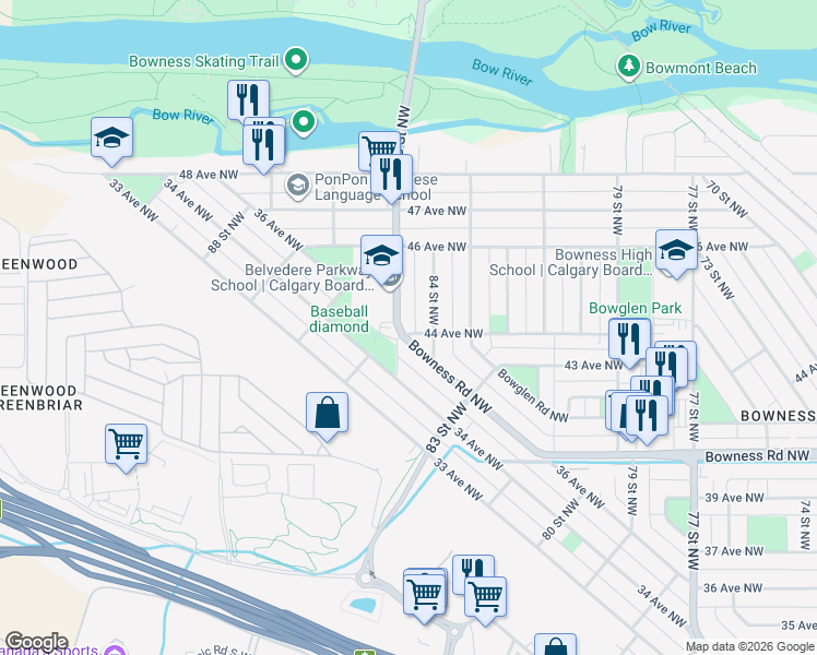 map of restaurants, bars, coffee shops, grocery stores, and more near 8547 Bowness Road Northwest in Calgary