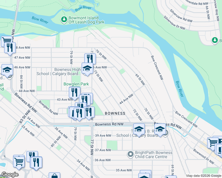 map of restaurants, bars, coffee shops, grocery stores, and more near 4548 73 Street Northwest in Calgary