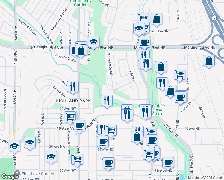 map of restaurants, bars, coffee shops, grocery stores, and more near 4431 Greenview Drive Northeast in Calgary