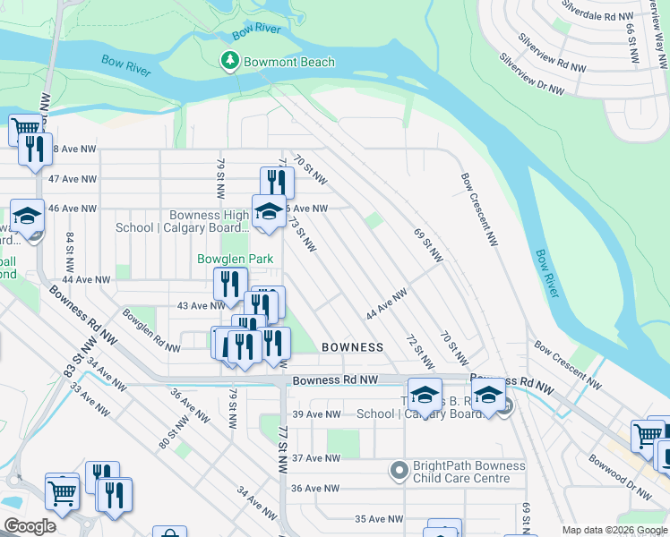 map of restaurants, bars, coffee shops, grocery stores, and more near 4604 73 Street Northwest in Calgary
