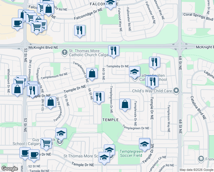 map of restaurants, bars, coffee shops, grocery stores, and more near 241 Templegreen Drive Northeast in Calgary