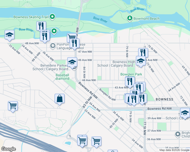 map of restaurants, bars, coffee shops, grocery stores, and more near 4612 83 Street Northwest in Calgary