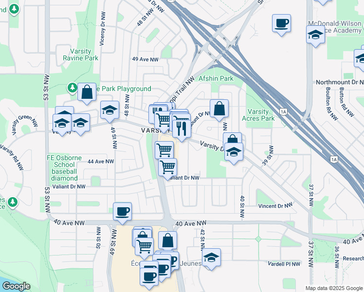 map of restaurants, bars, coffee shops, grocery stores, and more near 4625 Varsity Drive Northwest in Calgary