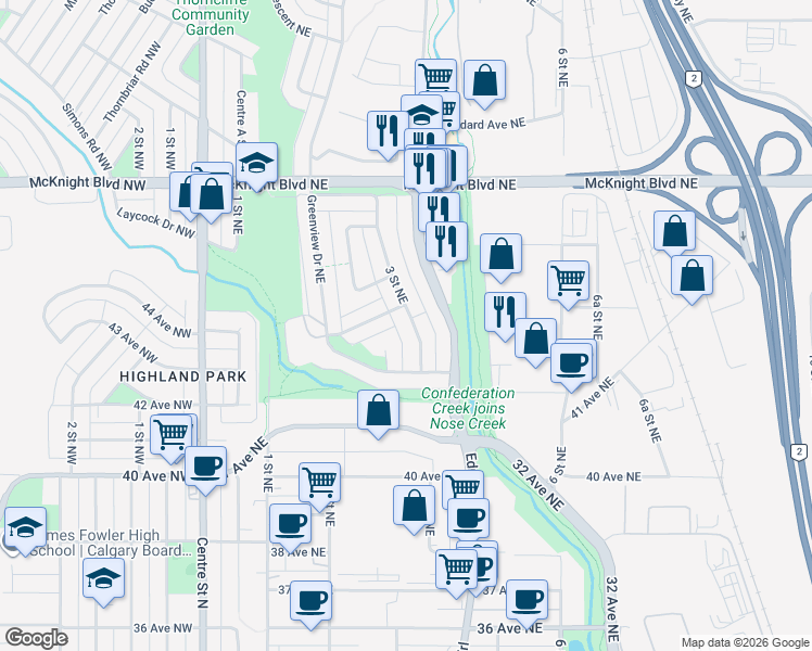 map of restaurants, bars, coffee shops, grocery stores, and more near 4431 3 Street Northeast in Calgary
