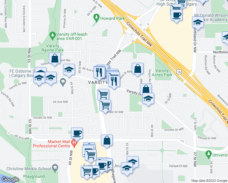 map of restaurants, bars, coffee shops, grocery stores, and more near 4625 Varsity Drive Northwest in Calgary
