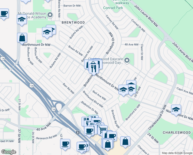 map of restaurants, bars, coffee shops, grocery stores, and more near 1331 Northmount Drive Northwest in Calgary