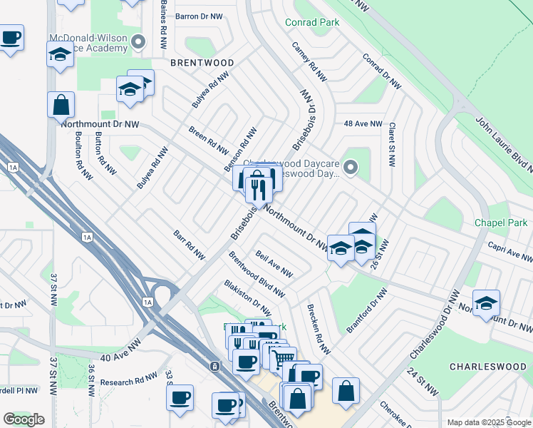 map of restaurants, bars, coffee shops, grocery stores, and more near 1331 Northmount Drive Northwest in Calgary