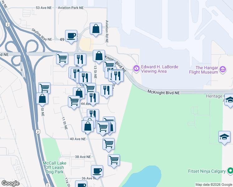 map of restaurants, bars, coffee shops, grocery stores, and more near 4506 14 Street Northeast in Calgary