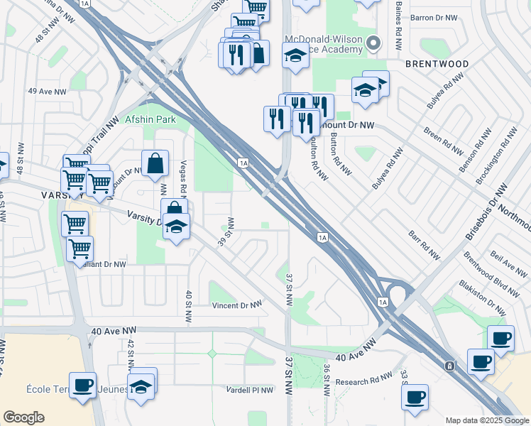 map of restaurants, bars, coffee shops, grocery stores, and more near 4501 37 Street Northwest in Calgary