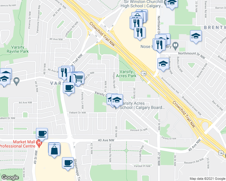 map of restaurants, bars, coffee shops, grocery stores, and more near 4527 Vegas Road Northwest in Calgary