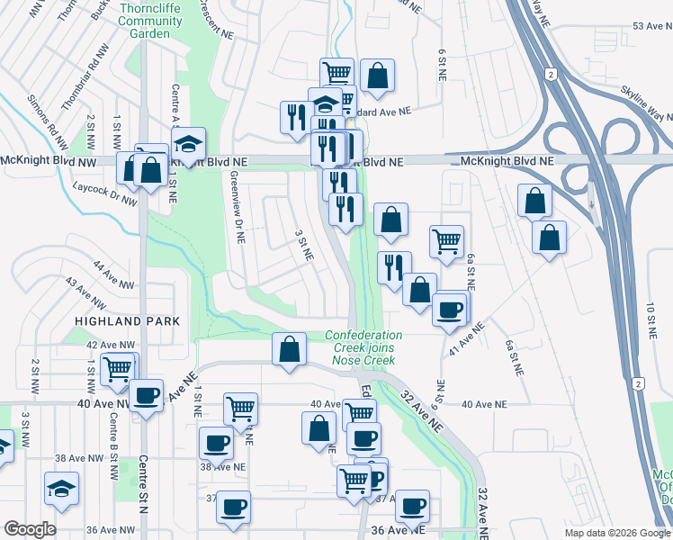 map of restaurants, bars, coffee shops, grocery stores, and more near 4511 Edmonton Trail Northeast in Calgary