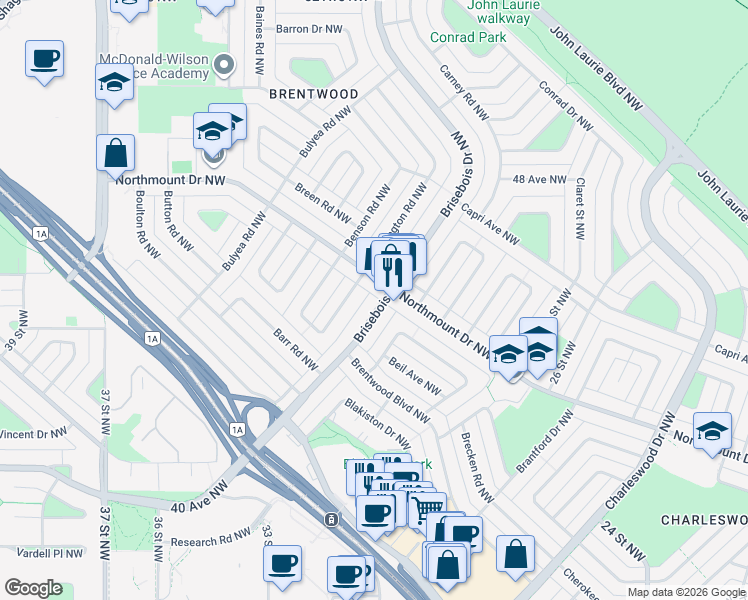 map of restaurants, bars, coffee shops, grocery stores, and more near 4339 Brisebois Drive Northwest in Calgary