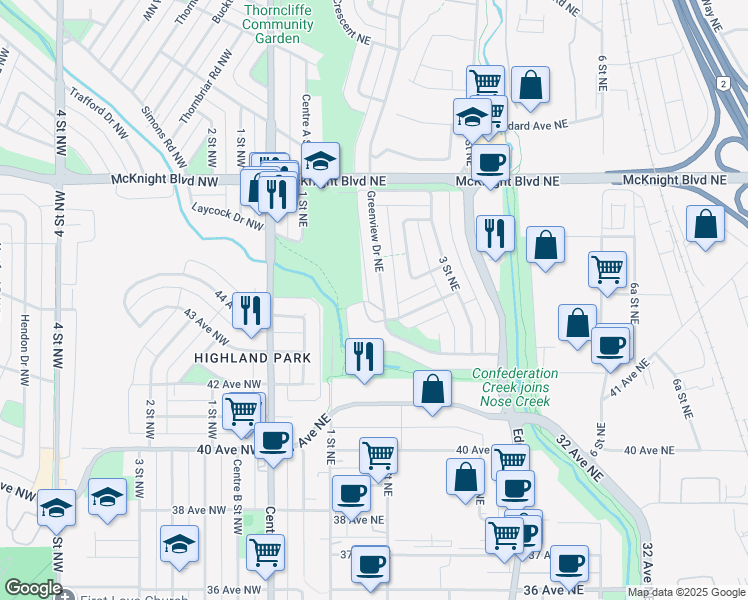map of restaurants, bars, coffee shops, grocery stores, and more near 4515 Greenview Drive Northeast in Calgary