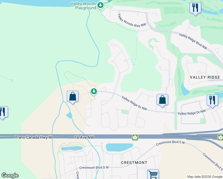 map of restaurants, bars, coffee shops, grocery stores, and more near 7 Valley Crest Rise Northwest in Calgary