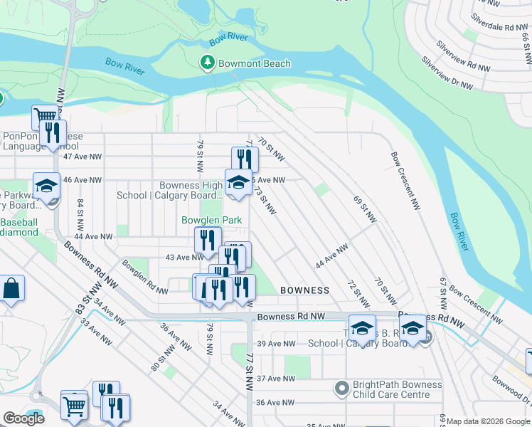 map of restaurants, bars, coffee shops, grocery stores, and more near 4615 73 Street Northwest in Calgary
