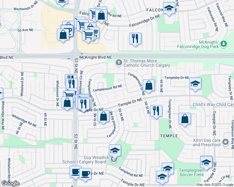 map of restaurants, bars, coffee shops, grocery stores, and more near 264 Templemont Place Northeast in Calgary
