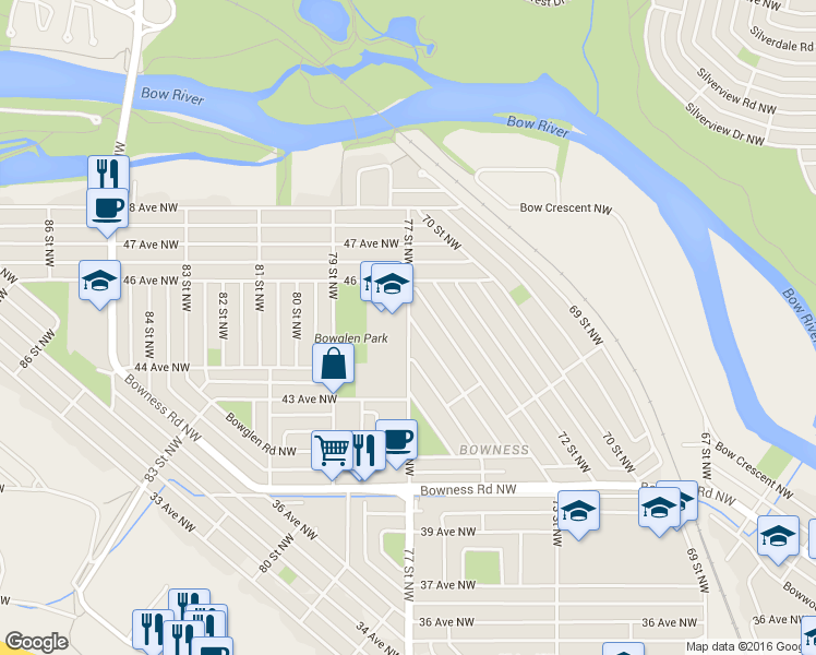 map of restaurants, bars, coffee shops, grocery stores, and more near 4603 77 Street Northwest in Calgary