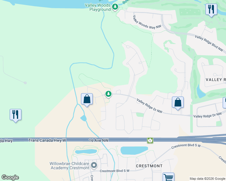 map of restaurants, bars, coffee shops, grocery stores, and more near 44 Valley Crest Gardens Northwest in Calgary