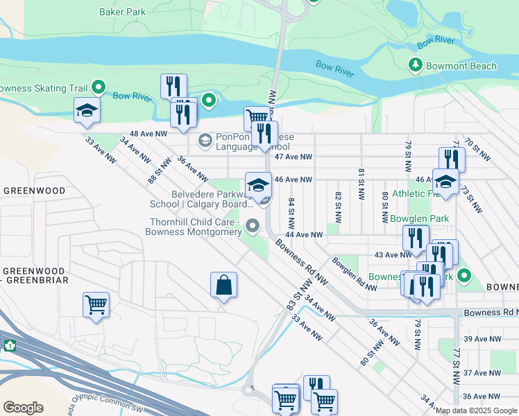 map of restaurants, bars, coffee shops, grocery stores, and more near 4631 85 Street Northwest in Calgary