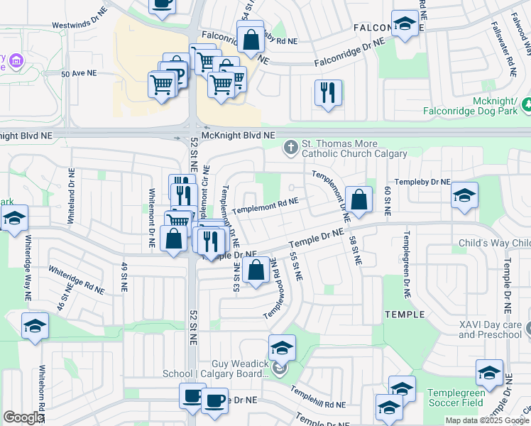 map of restaurants, bars, coffee shops, grocery stores, and more near 43 Templemont Road Northeast in Calgary