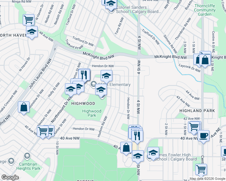 map of restaurants, bars, coffee shops, grocery stores, and more near 108 Hudson Road Northwest in Calgary