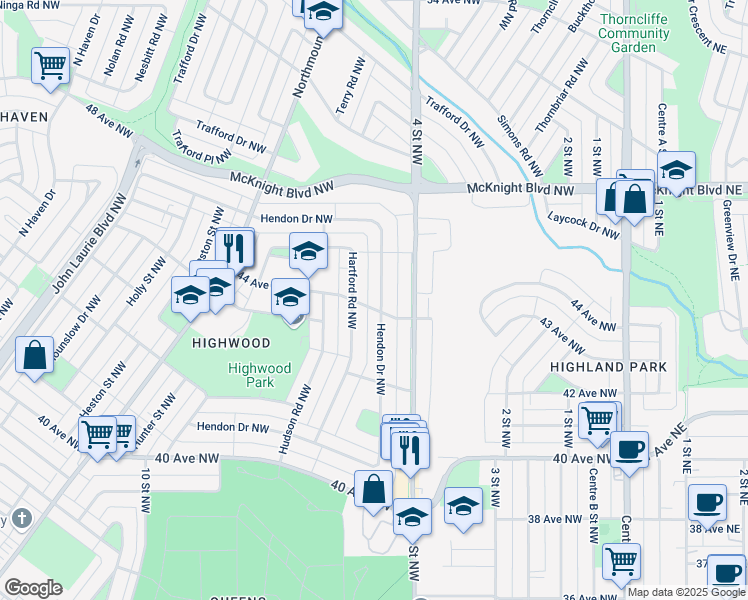 map of restaurants, bars, coffee shops, grocery stores, and more near 243 Hendon Drive Northwest in Calgary