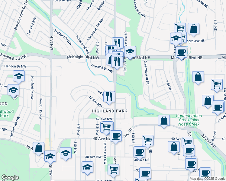 map of restaurants, bars, coffee shops, grocery stores, and more near 4519 Centre Street North in Calgary