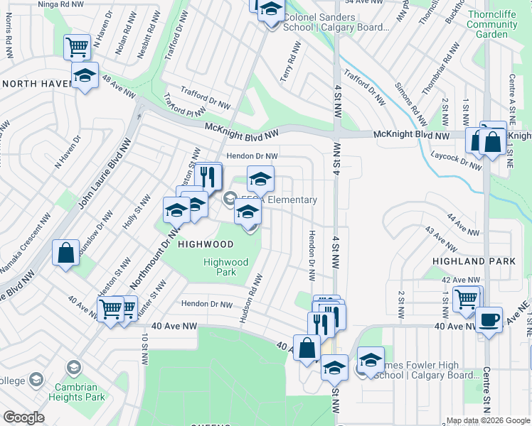 map of restaurants, bars, coffee shops, grocery stores, and more near 109 Hudson Road Northwest in Calgary