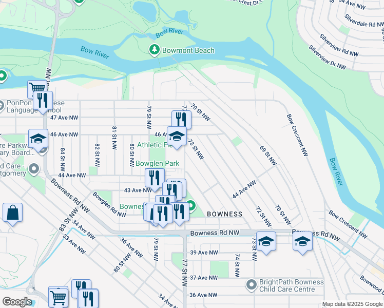 map of restaurants, bars, coffee shops, grocery stores, and more near 4623 73 Street Northwest in Calgary