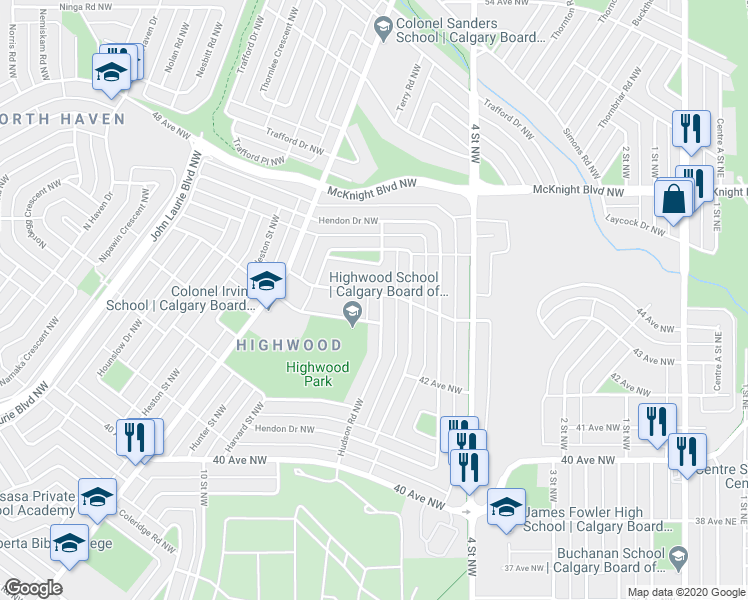 map of restaurants, bars, coffee shops, grocery stores, and more near 109 Hudson Road Northwest in Calgary