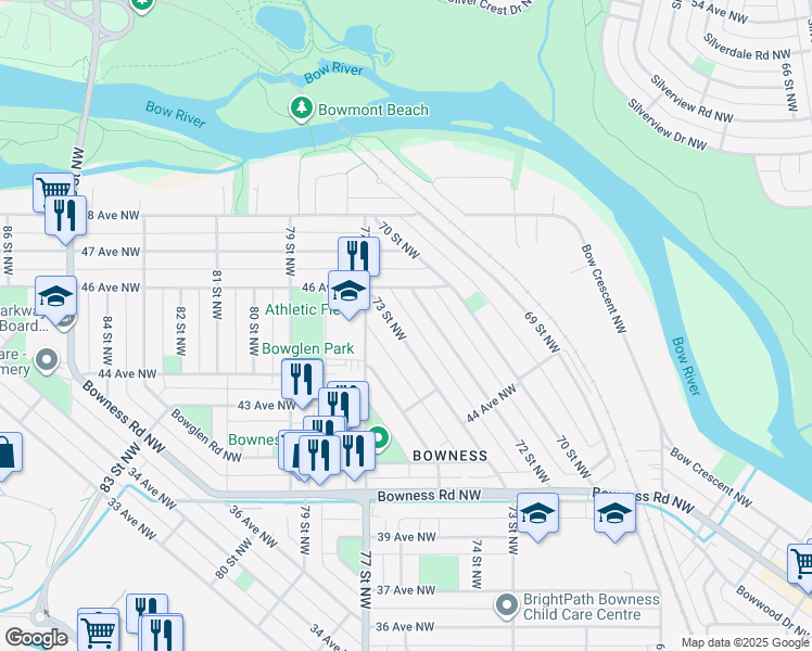 map of restaurants, bars, coffee shops, grocery stores, and more near 4636 73 Street Northwest in Calgary