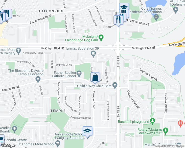 map of restaurants, bars, coffee shops, grocery stores, and more near 52 Templeby Way Northeast in Calgary
