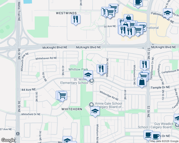 map of restaurants, bars, coffee shops, grocery stores, and more near 751 Whitehill Way Northeast in Calgary