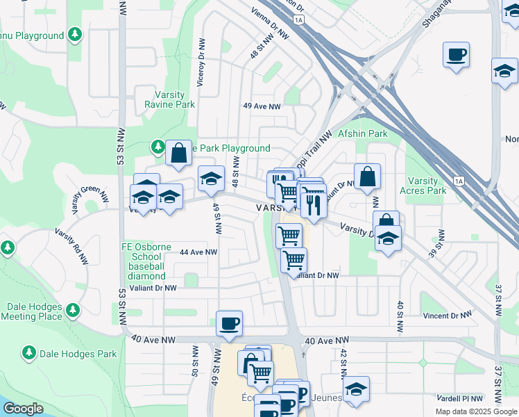 map of restaurants, bars, coffee shops, grocery stores, and more near 4819 Varsity Drive Northwest in Calgary