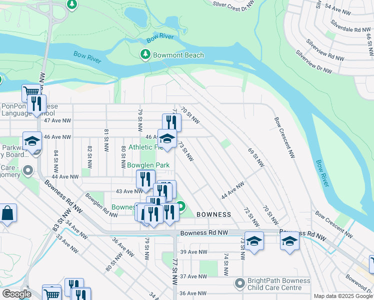 map of restaurants, bars, coffee shops, grocery stores, and more near 4636 73 Street Northwest in Calgary