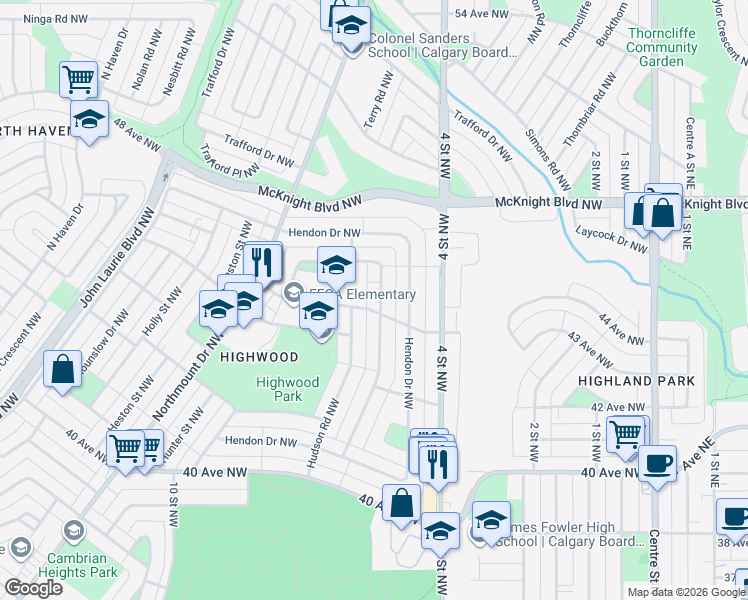 map of restaurants, bars, coffee shops, grocery stores, and more near 108 Hudson Road Northwest in Calgary